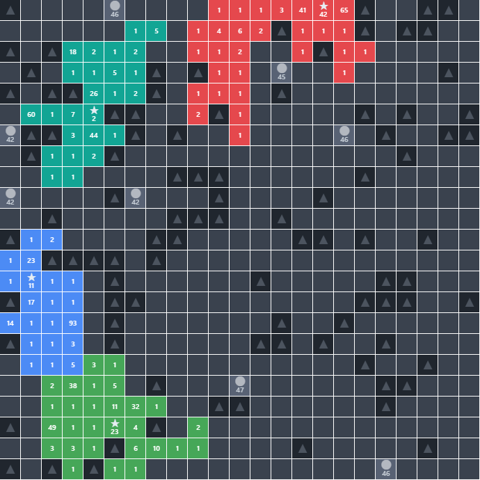 An earlier turn of the same game: four small, separate colored territories expanding outward from their generals before their borders meet