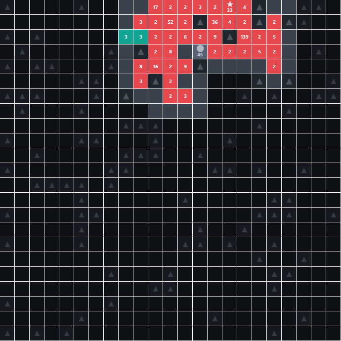 The same board rendered from one player's perspective: most of the grid is dark fog, with only the player's own red territory and a thin halo of visible tiles around it, including a just-spotted enemy general